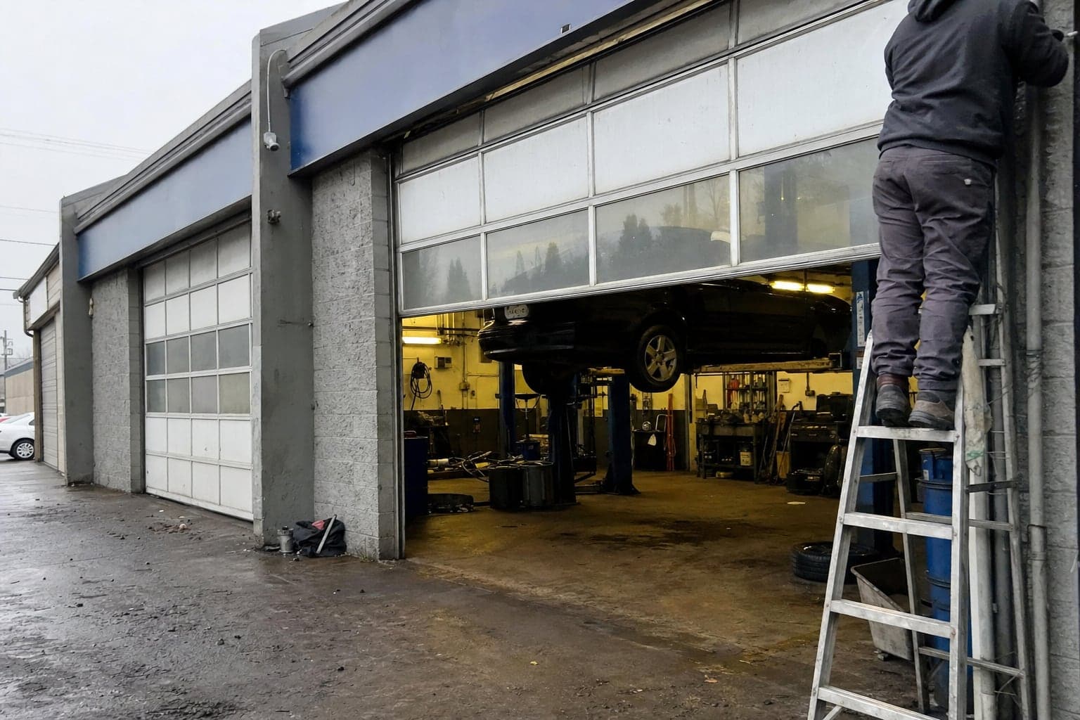 Technician on a lift at a warehouse overhead door